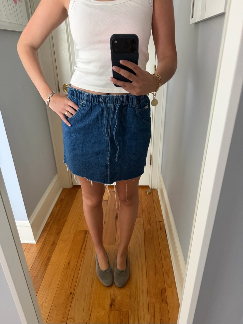 Drawstring Waist Dark Blue Denim Mini Skirt